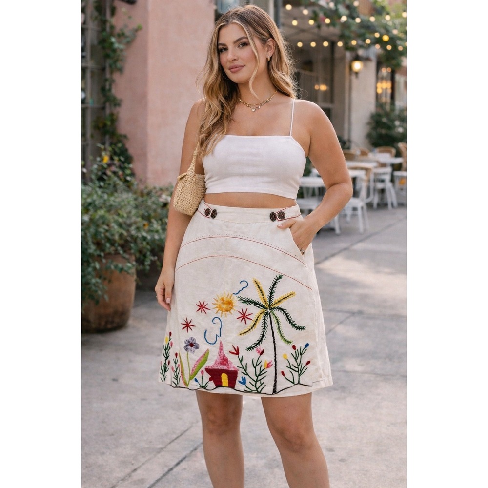 Tibi New York Embroidered Linen Blend Skirt Whimsical Tropical A-Line White Sz 4